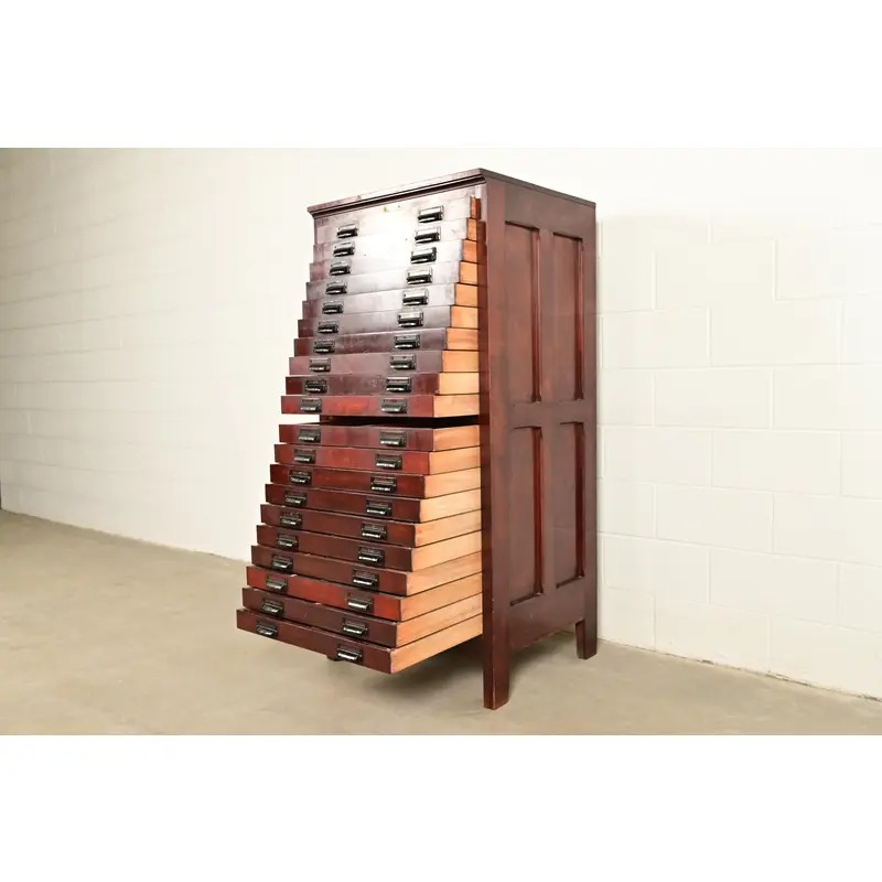 Antique Arts & Crafts Mahogany 20-Drawer Architect's Blueprint Flat File Cabinet by Hamilton, Circa 1900 - Image 6