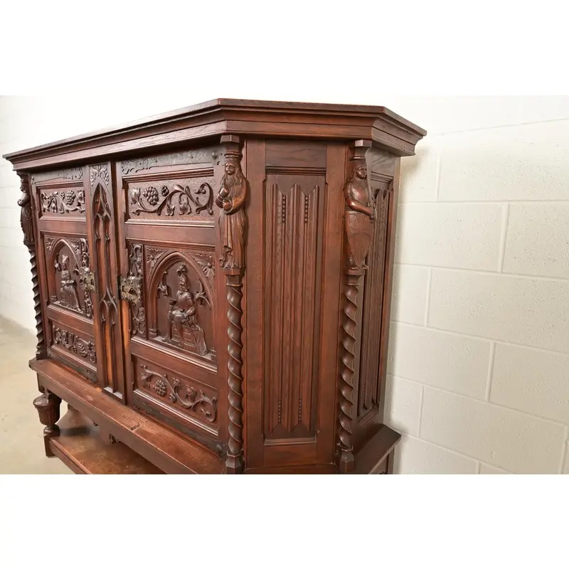 Antique French Gothic Revival Oak Bar Cabinet With Carved Figures, Circa 1890s - Image 6