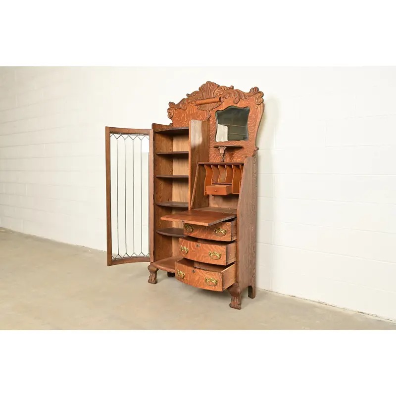 Antique Victorian Carved Tiger Oak Side-by-Side Bookcase With Drop Front Secretary Desk, Circa 1900 - Image 6