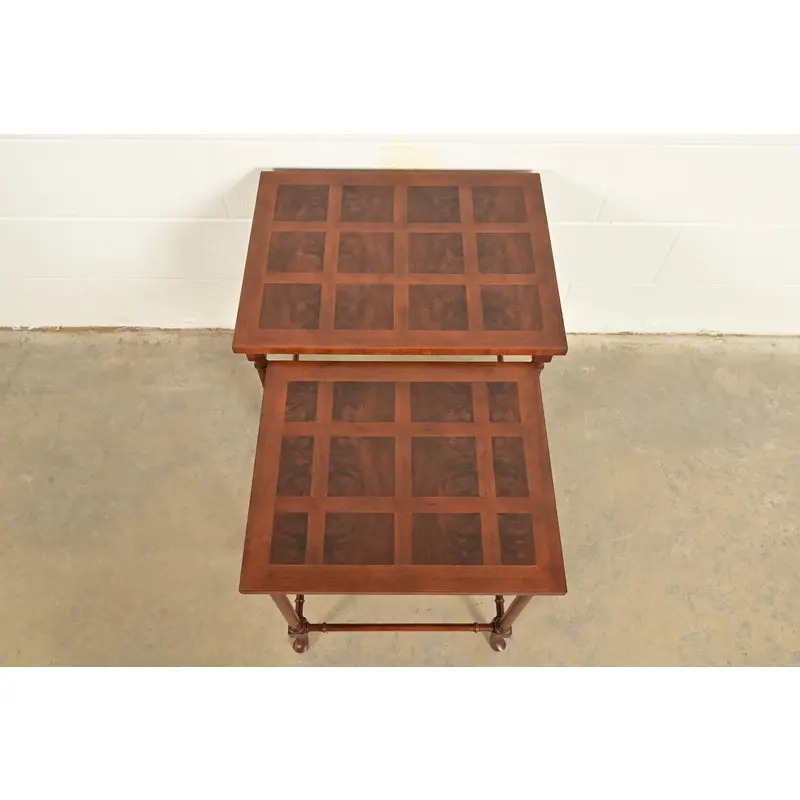 Baker Furniture English Regency Walnut and Burl Wood Parquet Top Nesting Tables, Pair - Image 6