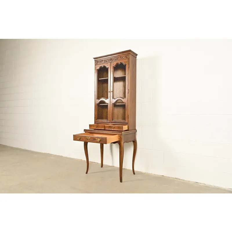 Baker Furniture French Provincial Louis XV Carved Oak Secretary Desk With Bookcase Hutch, Circa 1960s - Image 6