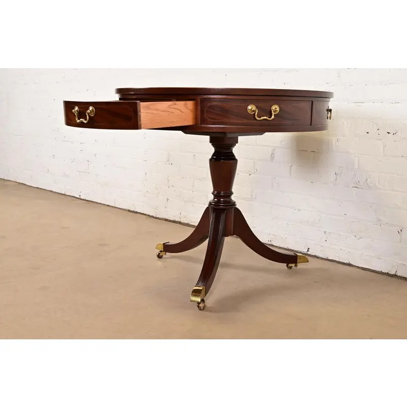 Baker Furniture Georgian Flame Mahogany Pedestal Drum Side Table or Tea Table, Newly Refinished - Image 6
