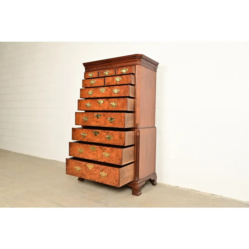 Baker Furniture Historic Charleston Chippendale Carved Mahogany and Burl Wood Eleven-Drawer Highboy Dresser - Image 6