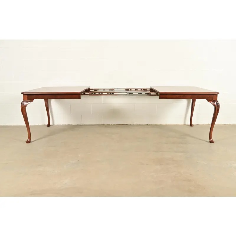 Baker Furniture Queen Anne Carved Cherry and Burl Wood Extension Dining Table, Newly Refinished - Image 5