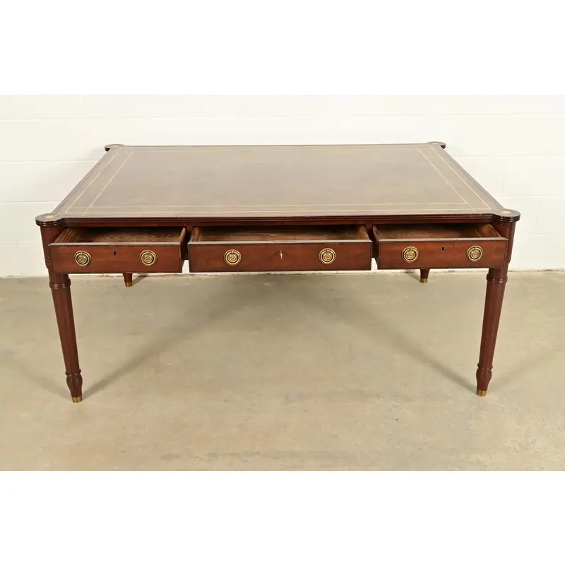 Baker Furniture Stately Homes Collection English Regency Carved Mahogany Leather Top Partner's Desk - Image 6