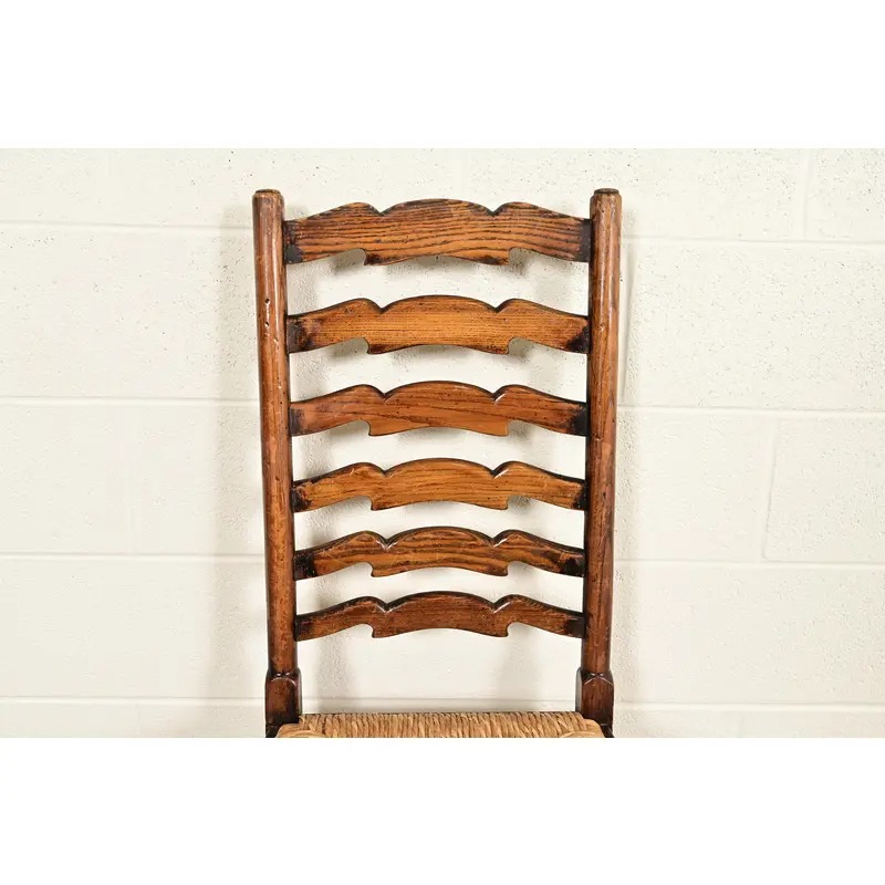 Baker Furniture Style English Country Rustic Carved Solid Oak Ladder Back Dining Chairs With Rush Seats, Pair - Image 6