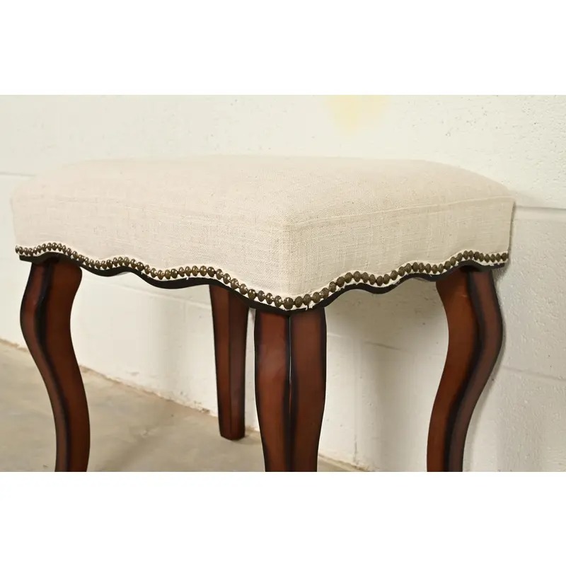 Baker Furniture Style French Provincial Louis XV Carved Mahogany Upholstered Stool or Ottoman - Image 6