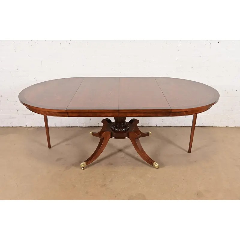 Baker Furniture Style Georgian Banded Mahogany and Burl Wood Pedestal Extension Dining Table, Newly Refinished - Image 6