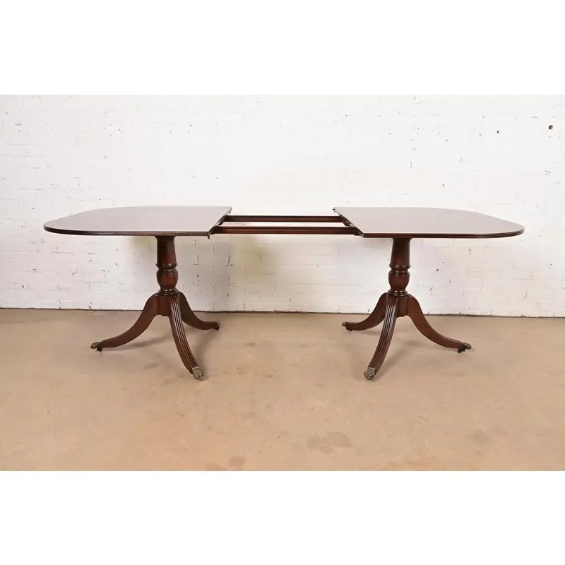 Baker Furniture Style Georgian Banded Mahogany Double Pedestal Extension Dining Table, Newly Refinished - Image 6
