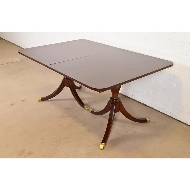 Baker Furniture Style Georgian Banded Mahogany Double Pedestal Extension Dining Table, Newly Refinished - Image 6