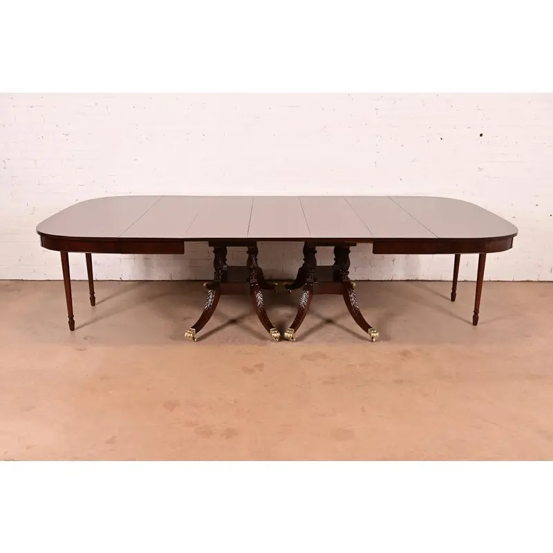Baker Furniture Style Georgian Mahogany Double Pedestal Extension Dining Table, Newly Refinished - Image 6