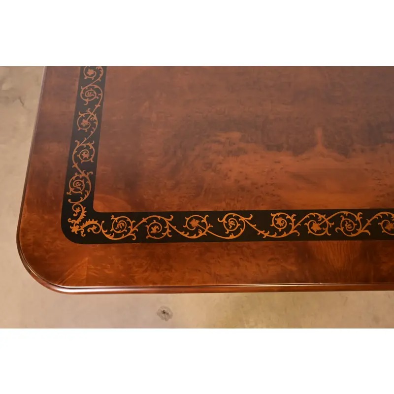 Baker Furniture Style Italian Regency Inlaid Banded Burl Wood Double Pedestal Dining Table, Newly Restored - Image 6
