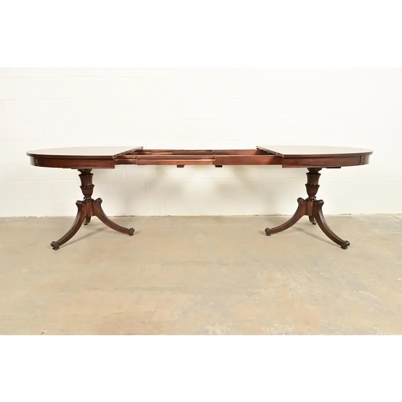 Baker Furniture Style Regency Mahogany Double Pedestal Extension Dining Table, Newly Refinished - Image 6