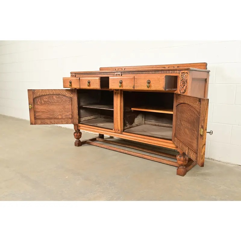 Berkey & Gay Style Antique English Jacobean Carved Oak Sideboard Buffet or Bar Cabinet, Circa 1920s - Image 6