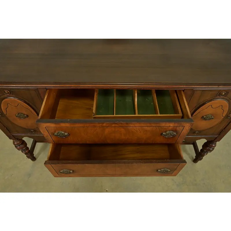 Berkey & Gay Style Antique English Jacobean Carved Walnut and Burl Wood Sideboard, Circa 1920s - Image 6