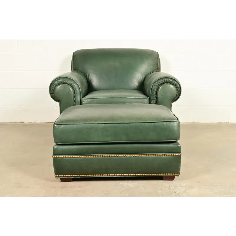 Century Furniture Art Deco Studded Leather Lounge Chair With Ottoman - Image 6