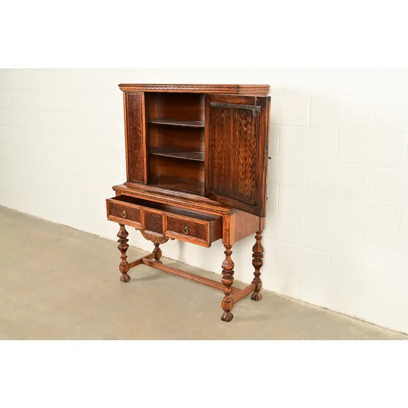 Early Romweber Antique English Jacobean Carved Oak and Burl Wood Bar Cabinet, Circa 1900 - Image 6