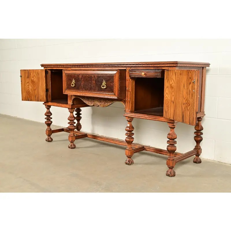 Early Romweber Antique English Jacobean Carved Oak and Burl Wood Sideboard, Circa 1900 - Image 6