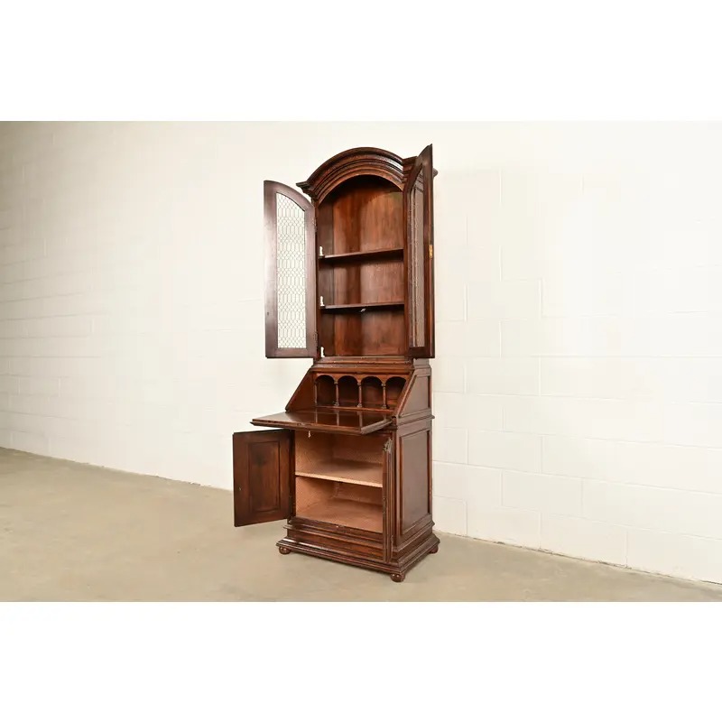 Guido Zichele Style Italian Provincial Carved Walnut Drop Front Secretary Desk With Lighted Bookcase Hutch, Circa 1970s - Image 6