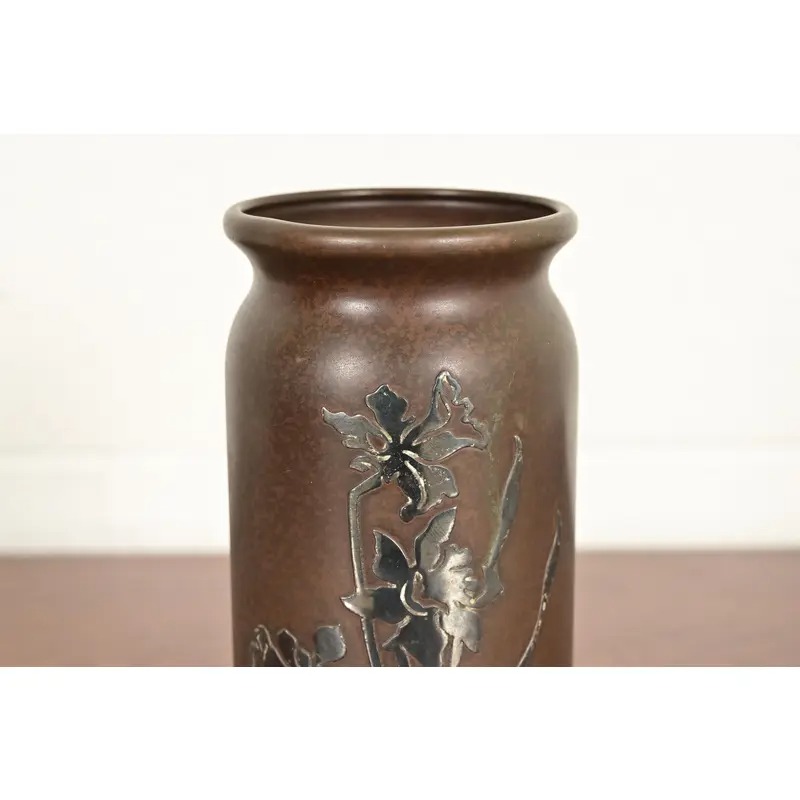 Heintz Arts & Crafts Sterling Silver on Bronze Vase With Floral Decoration - Image 6