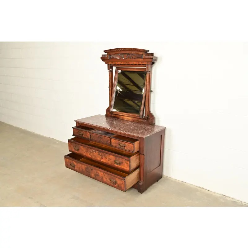 Herter Brothers Style Antique Eastlake Victorian Carved Burled Walnut Marble Top Dresser With Mirror, Circa 1880s - Image 6