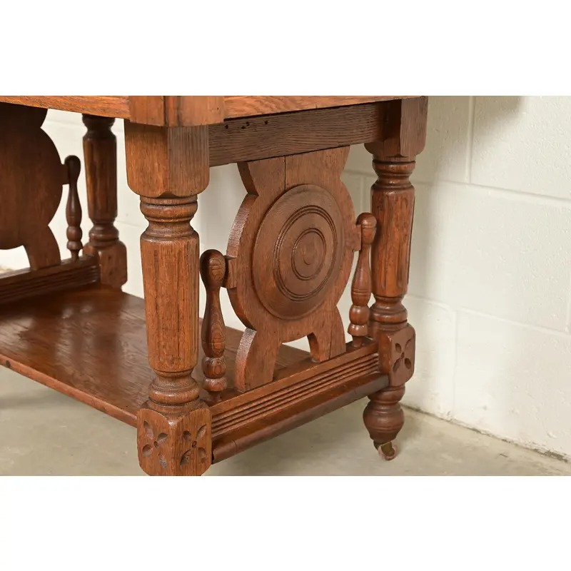 Herter Brothers Style Antique Victorian Carved Oak Writing Desk or Library Table, Circa 1890s - Image 6