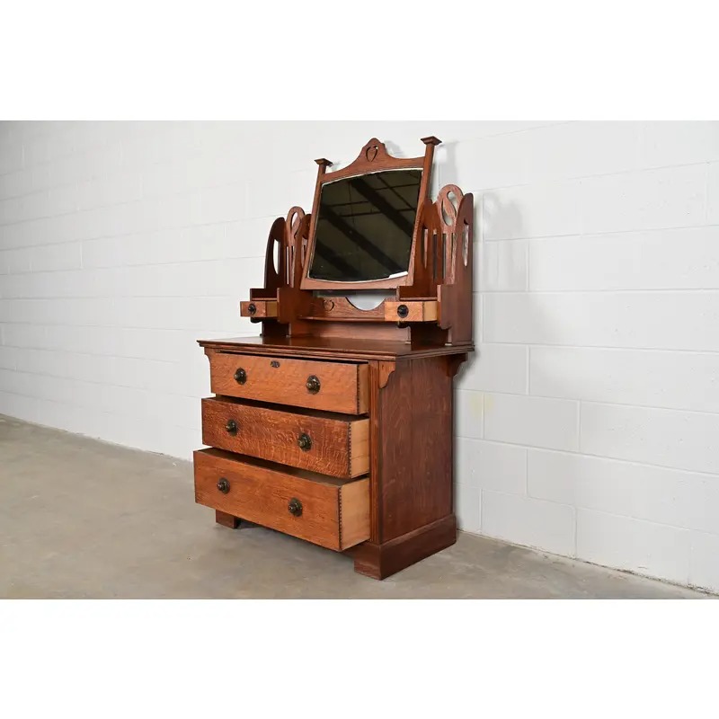 Liberty & Co. Antique English Mission Oak Arts & Crafts Vanity Dresser With Mirror, Circa 1900 - Image 6
