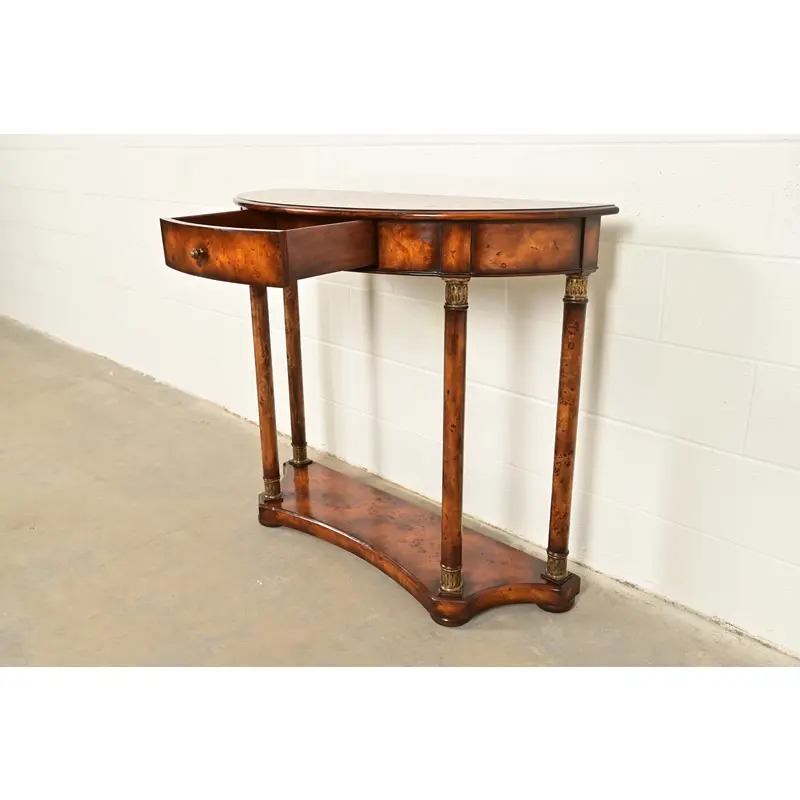 Maitland Smith Style French Empire Burl Wood and Gold Gilt Demilune Console Table - Image 6