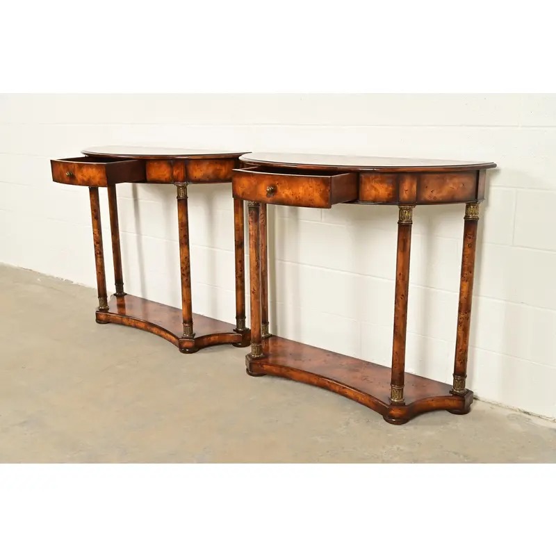 Maitland Smith Style French Empire Burl Wood and Gold Gilt Demilune Console Tables, Pair - Image 6