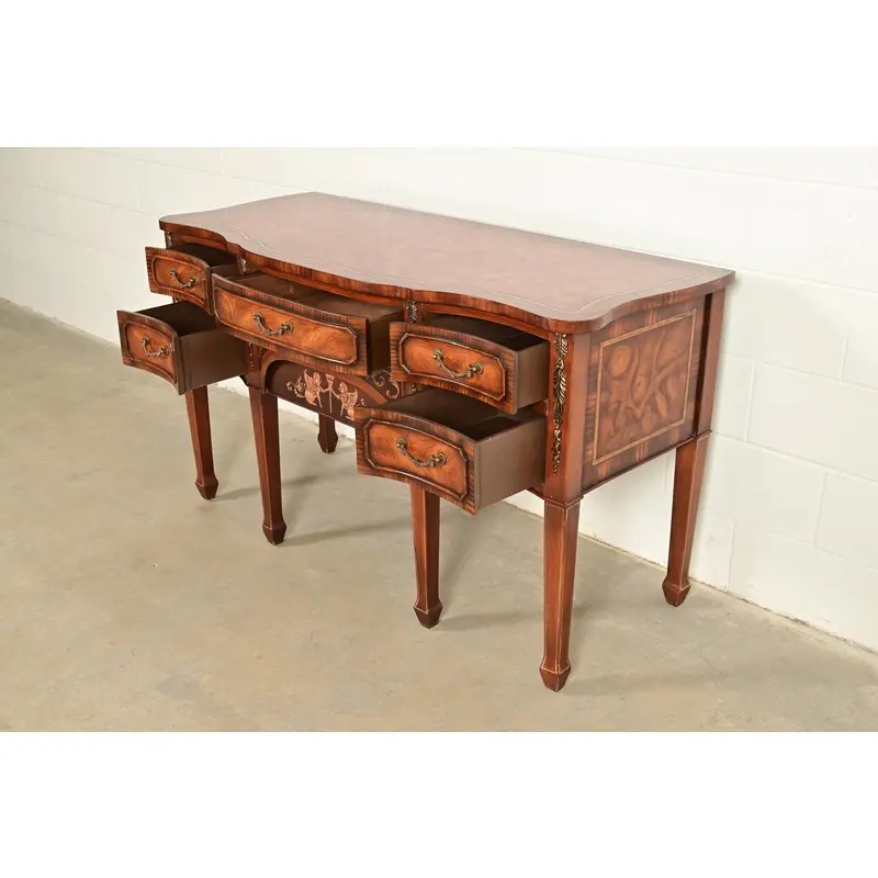 Maitland Smith Style French Regency Louis XVI Carved Mahogany and Burl Wood Sideboard Credenza - Image 6
