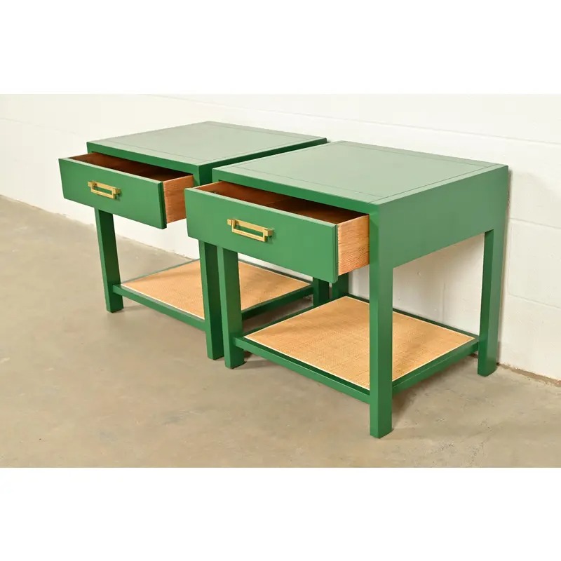 Michael Taylor for Baker Furniture Mid-Century Hollywood Regency Green Lacquer and Cane Campaign Nightstands, Newly Refinished - Image 6