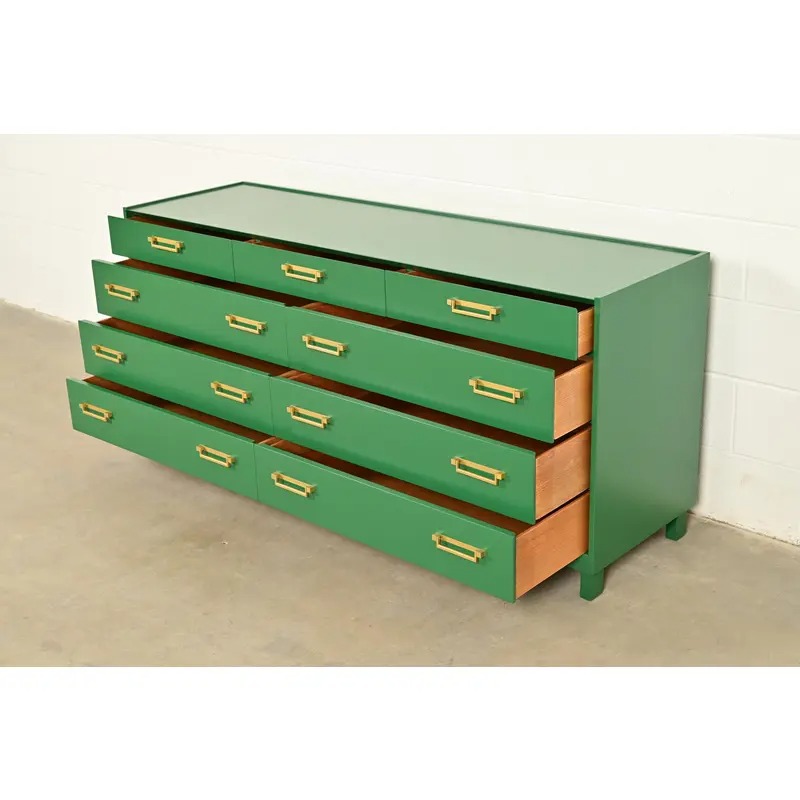 Michael Taylor for Baker Furniture Mid-Century Hollywood Regency Green Lacquered Campaign Dresser, Newly Refinished - Image 6