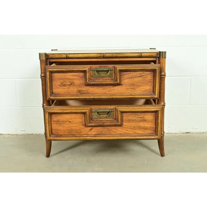 Mid-Century Hollywood Regency Campaign Carved Walnut Faux Bamboo Nightstand by Stanley, Circa 1960s - Image 6