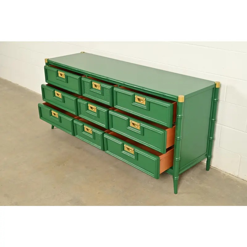 Mid-Century Hollywood Regency Campaign Green Lacquered Faux Bamboo Triple Dresser or Credenza by Stanley, Newly Refinished - Image 6