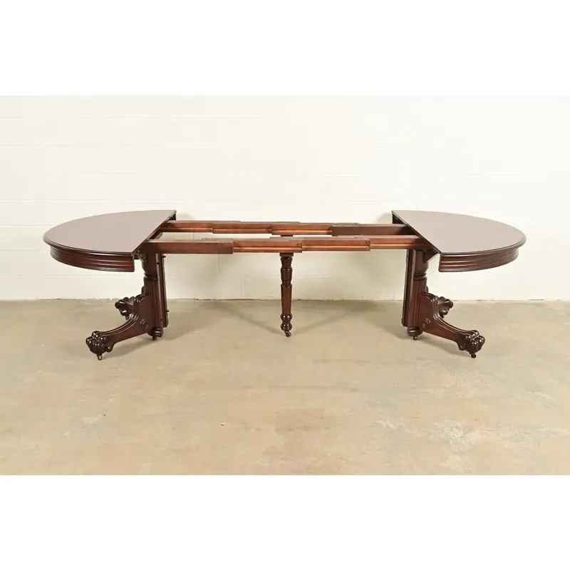 R. J. Horner Antique Victorian Carved Mahogany Split Pedestal Extension Dining Table With Lion Paw Feet, Newly Refinished - Image 6