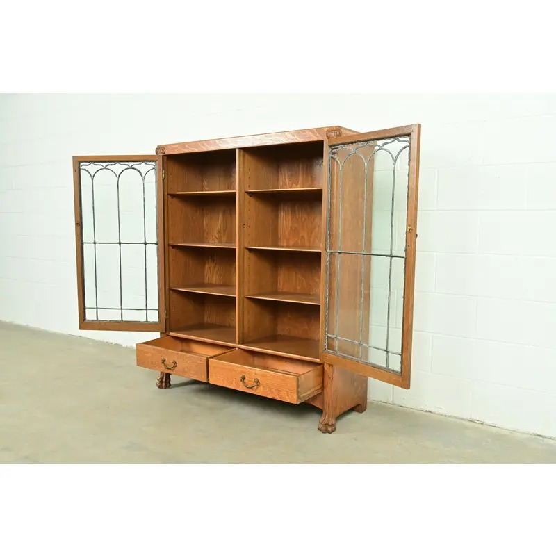 R. J. Horner Style Antique American Empire Carved Tiger Oak Double Bookcase Cabinet With Leaded Glass Doors, Circa 1890s - Image 6