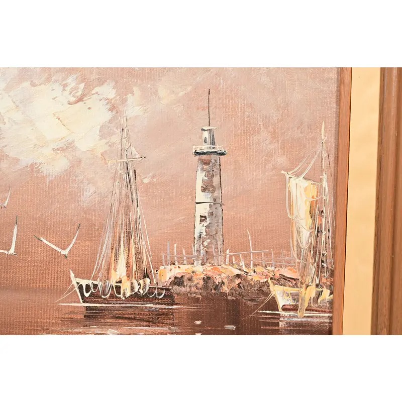 Rikard Lindström Original Signed Oil Painting on Canvas of Ships in Harbor in Carved Wood Frame - Image 6