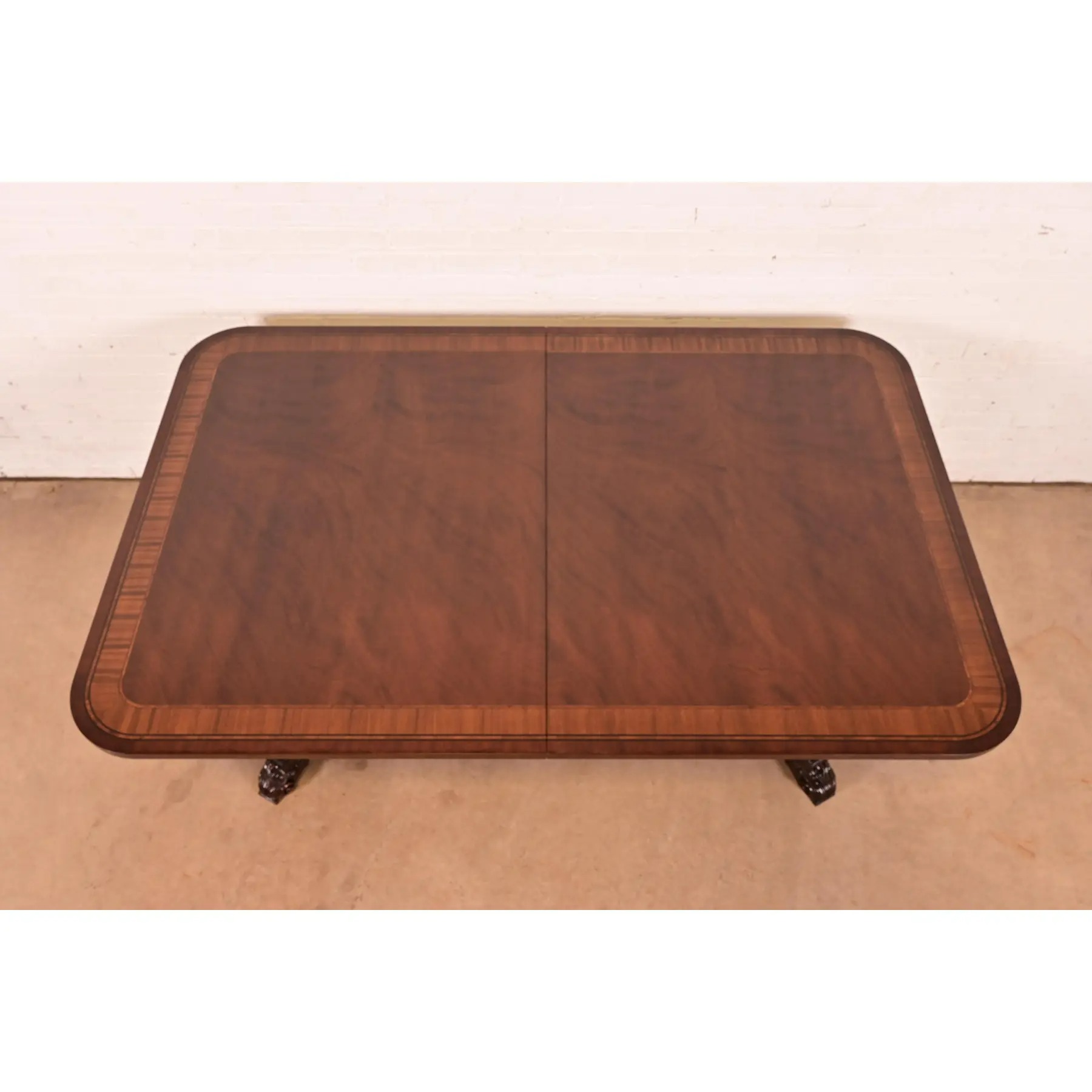 Baker Furniture Regency Banded Mahogany Double Pedestal Extension Dining Table, Newly Refinished - Image 13