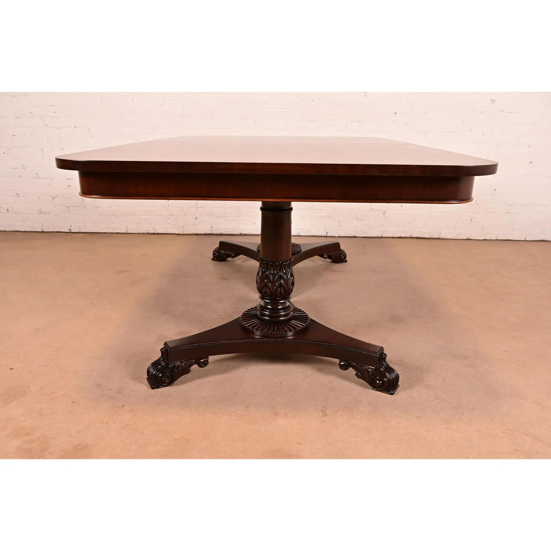 Baker Furniture Regency Banded Mahogany Double Pedestal Extension Dining Table, Newly Refinished - Image 14