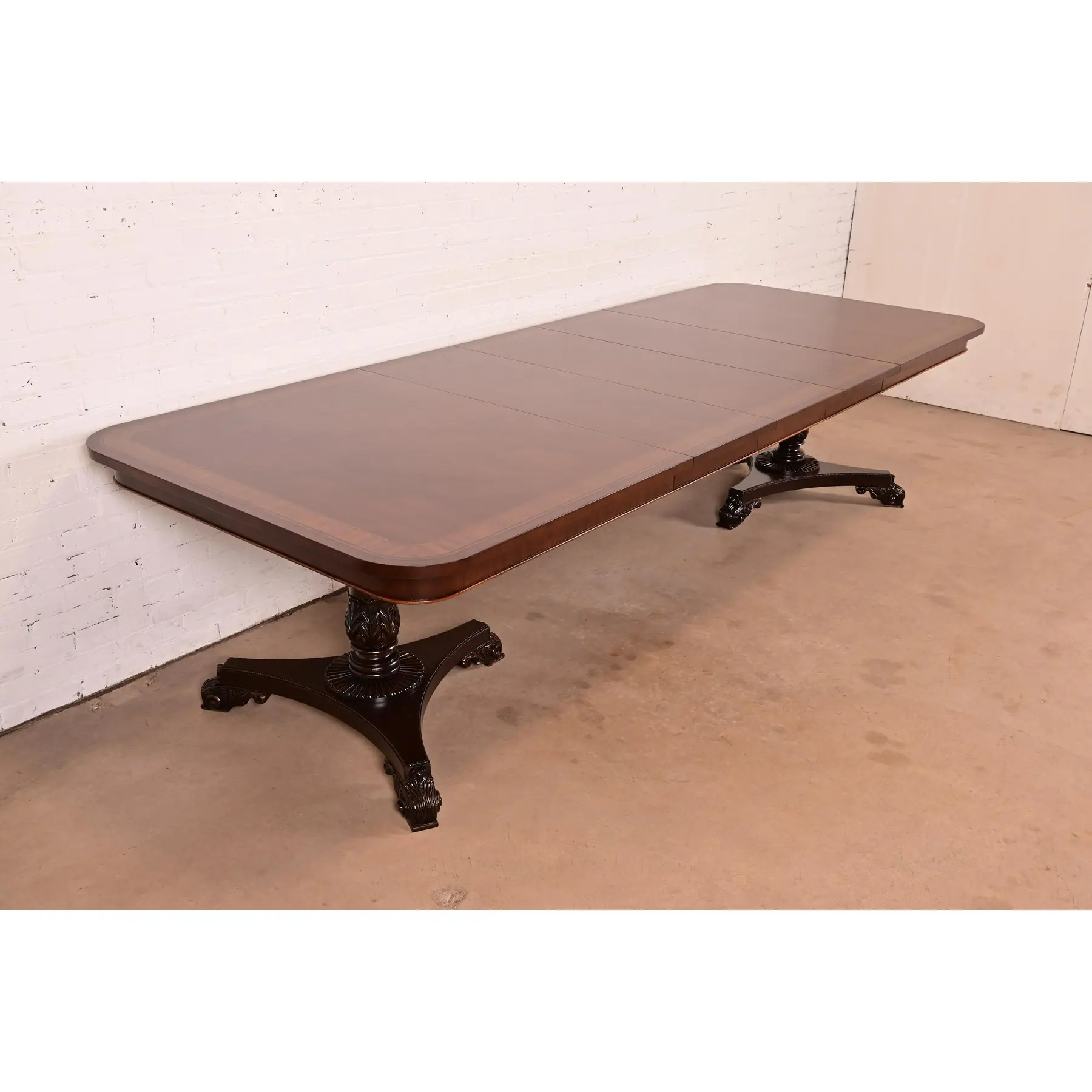 Baker Furniture Regency Banded Mahogany Double Pedestal Extension Dining Table, Newly Refinished
