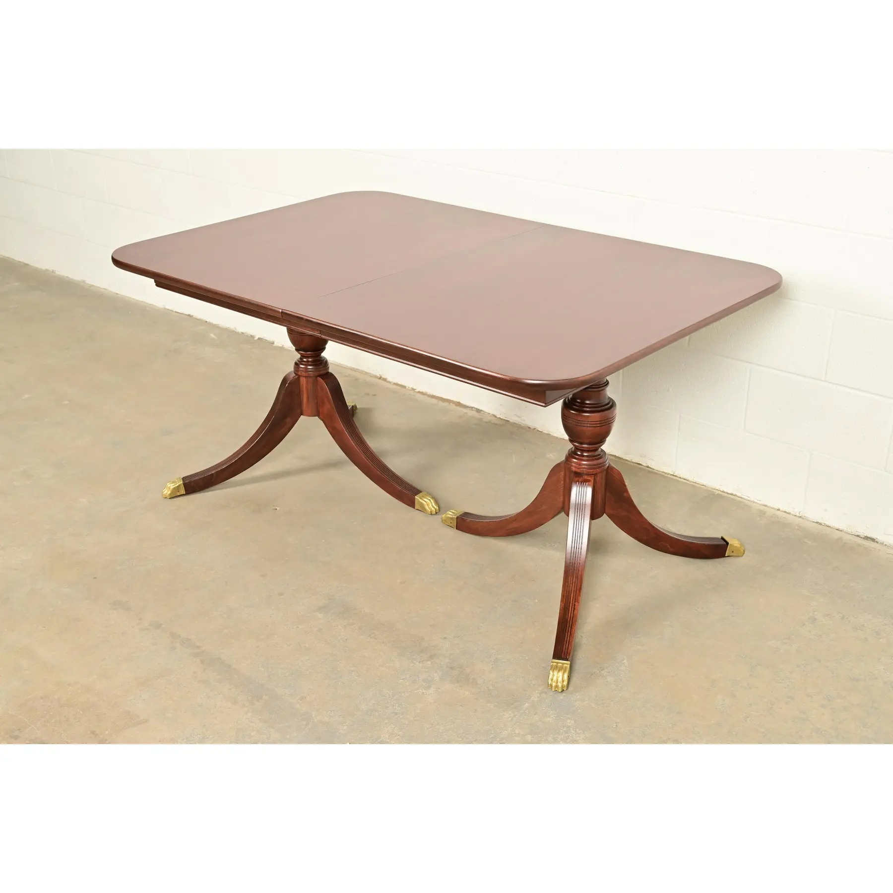 Baker Furniture Style Georgian Mahogany Double Pedestal Extension Dining Table, Newly Refinished