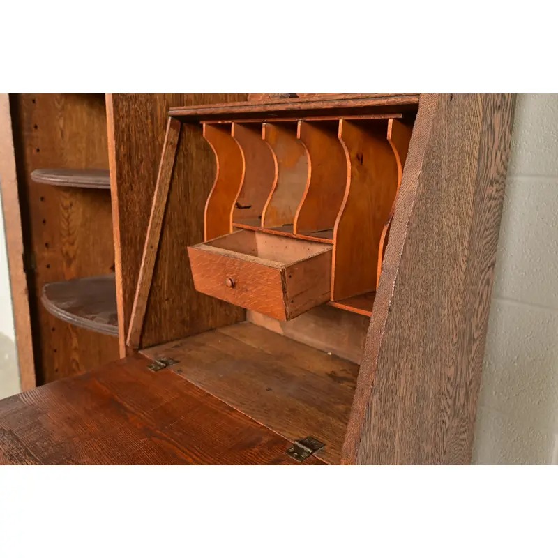 Antique Victorian Carved Tiger Oak Side-by-Side Bookcase With Drop Front Secretary Desk, Circa 1900 - Image 7