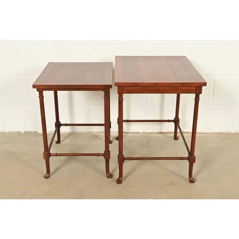 Baker Furniture English Regency Walnut and Burl Wood Parquet Top Nesting Tables, Pair - Image 7