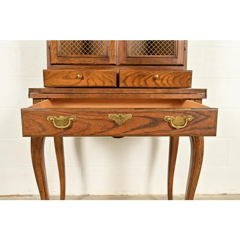 Baker Furniture French Provincial Louis XV Carved Oak Secretary Desk With Bookcase Hutch, Circa 1960s - Image 7