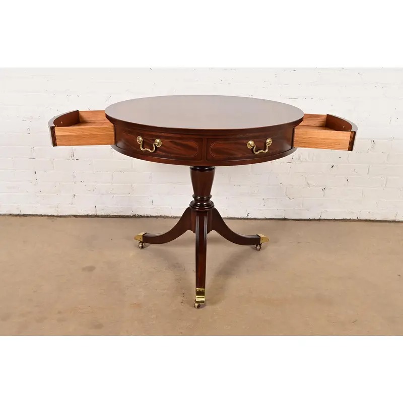 Baker Furniture Georgian Flame Mahogany Pedestal Drum Side Table or Tea Table, Newly Refinished - Image 7
