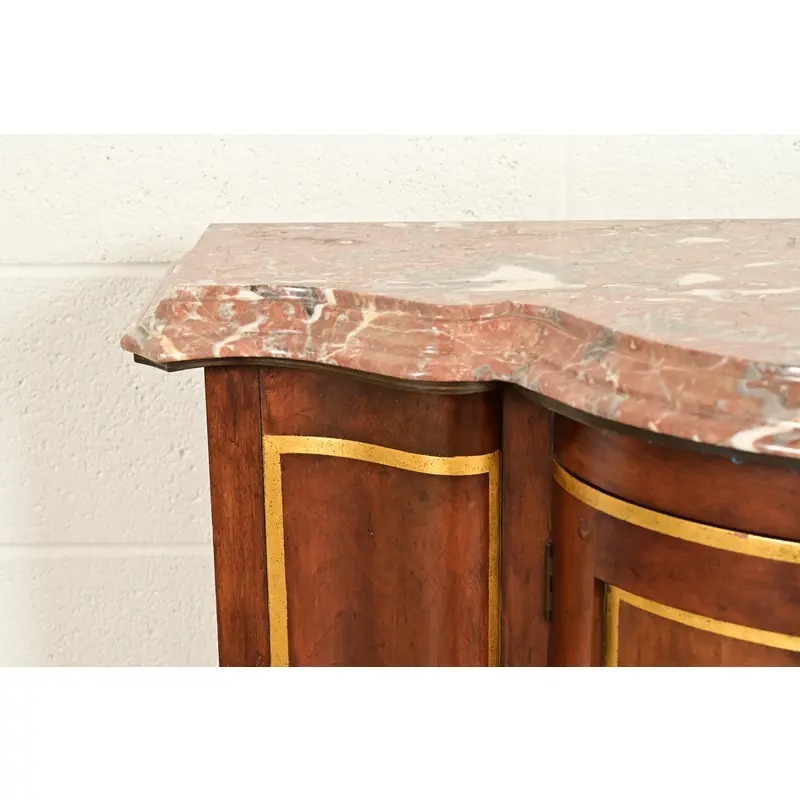 Baker Furniture Italian Provincial Carved Cherry Wood, Parcel Gilt, and Marble Top Demilune Sideboard or Bar Cabinet - Image 7