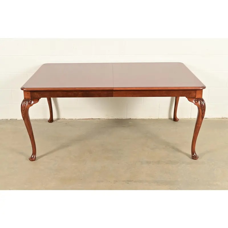 Baker Furniture Queen Anne Carved Cherry and Burl Wood Extension Dining Table, Newly Refinished - Image 6