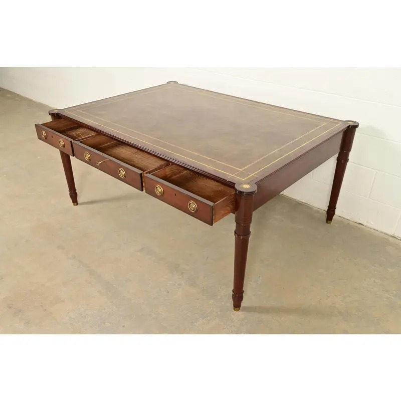 Baker Furniture Stately Homes Collection English Regency Carved Mahogany Leather Top Partner's Desk - Image 7