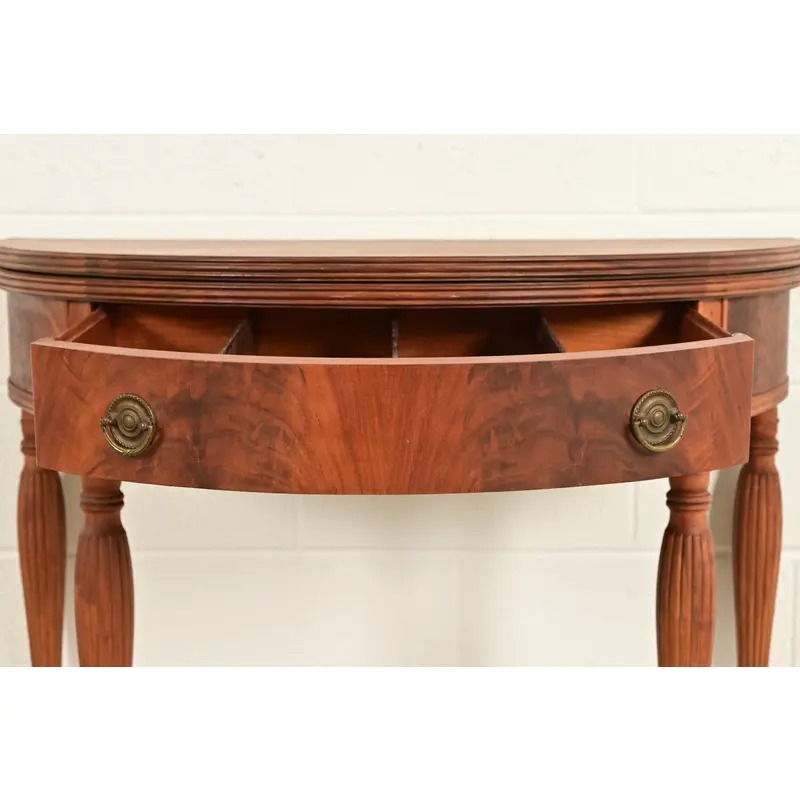 Baker Furniture Style Antique Federal Flame Mahogany Flip Top Demilune Console Game Table, Circa 1920s - Image 7