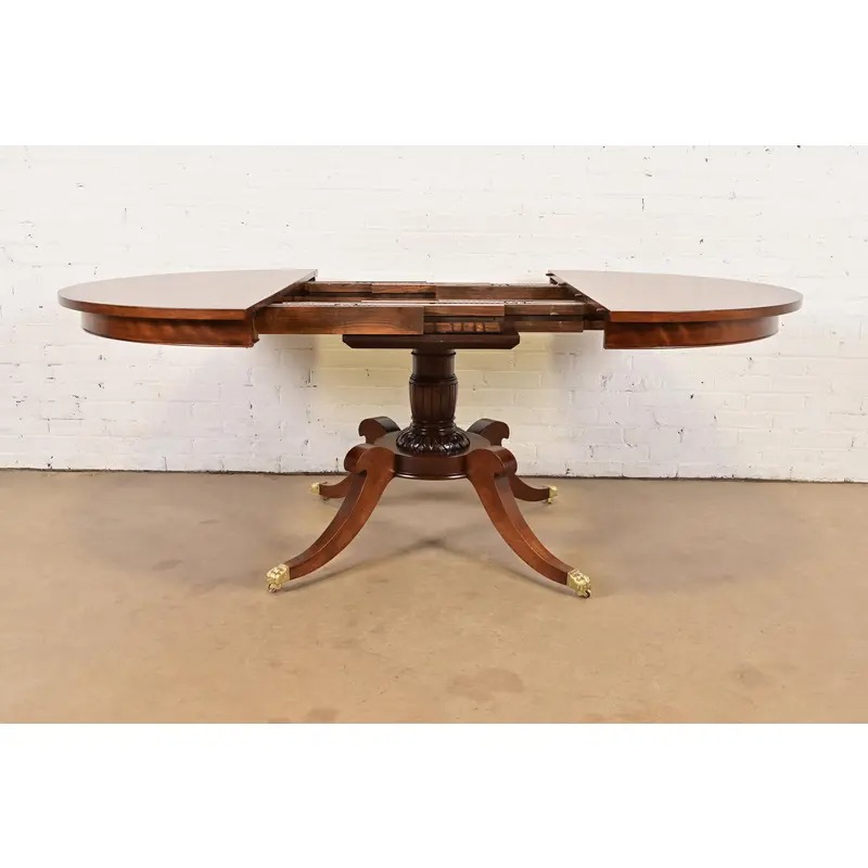 Baker Furniture Style Georgian Banded Mahogany and Burl Wood Pedestal Extension Dining Table, Newly Refinished - Image 7